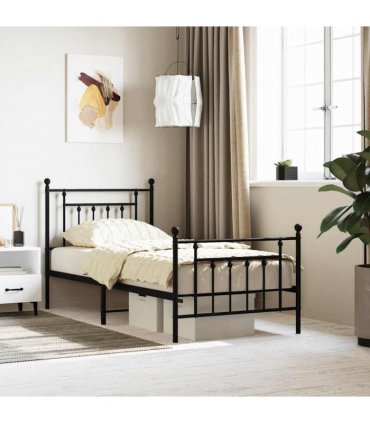 vidaXL Bed Frame | Black | Powder-Coated Steel | Single | Metal Bed Frame — Size: 80 x 200 cm, Model: with headboard & footboard