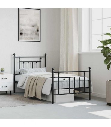 vidaXL Bed Frame | Black | Powder-Coated Steel | Single | Metal Bed Frame — Size: 80 x 200 cm, Model: with headboard & footboard