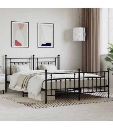 vidaXL Metal Bed Frame without Mattress with Footboard Black 180x200cm — Size: 180 x 200 cm, Model: with headboard & footboard