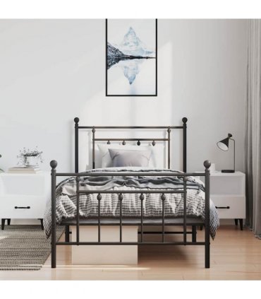 vidaXL Bed Frame | Black | Powder-coated steel | Single | Industrial | B — Size: 100 x 190 cm, Model: with headboard & footboard