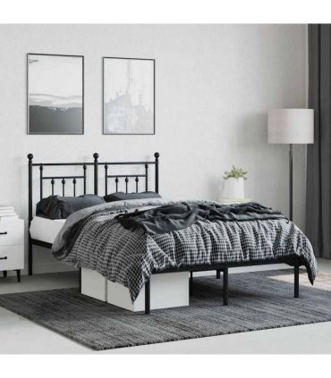 vidaXL Bed Frame | Black | Powder-Coated Steel | Double | Bed Frame — Size: 120 x 200 cm, Model: with headboard