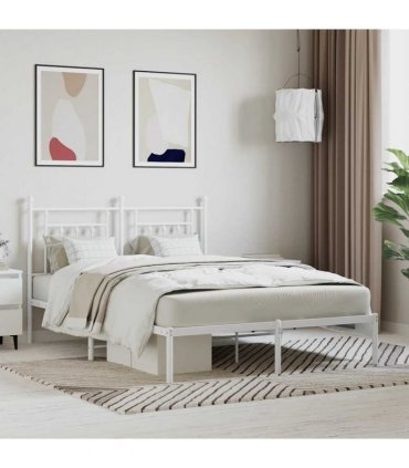vidaXL Bed Frame | White | Powder-Coated Steel | Double | Bed Frame — Size: 140 x 190 cm, Model: with headboard