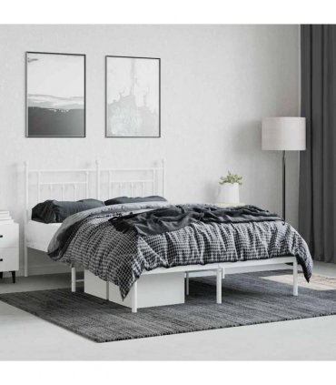 vidaXL Bed Frame | White | Powder-Coated Steel | Double | Bed Frame — Size: 140 x 190 cm, Model: with headboard