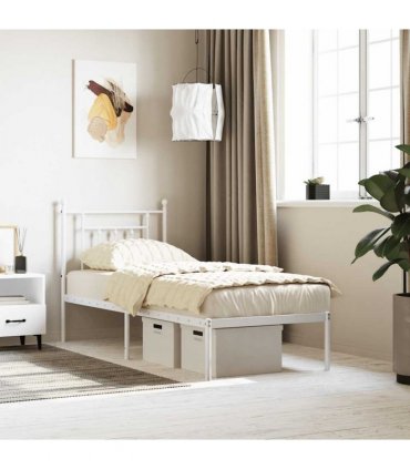 vidaXL Bed Frame | White | Powder-Coated Steel | Small Single | Bed Frame — Size: 75 x 190 cm, Model: with headboard