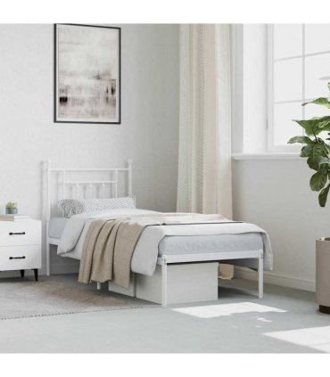 vidaXL Bed Frame | White | Powder-Coated Steel | Small Single | Bed Frame — Size: 75 x 190 cm, Model: with headboard