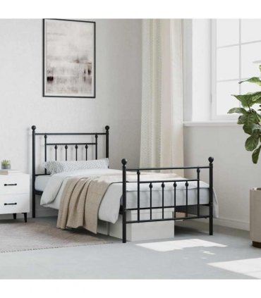 vidaXL Bed Frame | Black | Powder-Coated Steel | Single | Bed Frame — Size: 90 x 190 cm, Model: with headboard & footboard