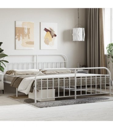 vidaXL Bed Frame | White | Powder-Coated Steel | Double | Storage | Bed — Size: 200 x 200 cm, Model: with headboard & footboard