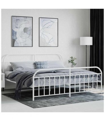 vidaXL Bed Frame | White | Powder-Coated Steel | Double | Storage | Bed — Size: 200 x 200 cm, Model: with headboard & footboard