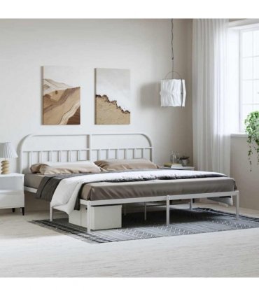 vidaXL Bed Frame | White | Powder-coated steel | 193x203 cm | Bed Frame — Size: 193 x 203 cm, Model: with headboard