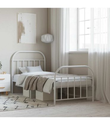 vidaXL Metal Bed Frame without Mattress with Footboard Whit — Size: 90 x 190 cm, Model: with headboard & footboard — V0671964944