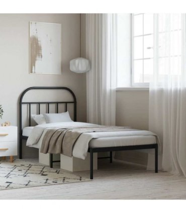 vidaXL Bed Frame | Black | Powder-coated Steel | Single | Bed Frame — Size: 90 x 200 cm, Model: with headboard