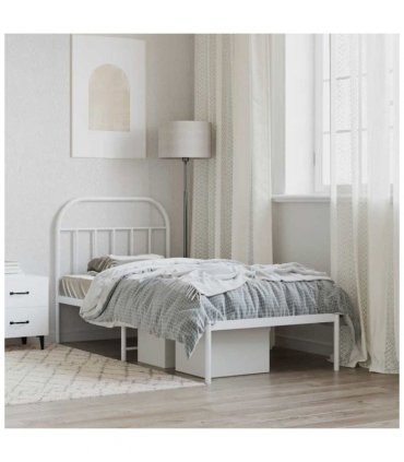 vidaXL Bed Frame | White | Powder-Coated Steel | Single | Bed Frame — Size: 90 x 200 cm, Model: with headboard