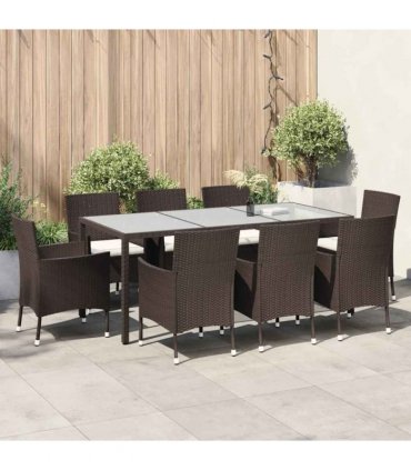 vidaXL 9 Piece Garden Dining Set with Cushions Brown Poly Rattan — Size: 190 cm table length