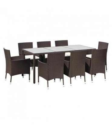 vidaXL 9 Piece Garden Dining Set with Cushions Brown Poly Rattan — Size: 190 cm table length
