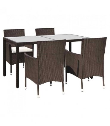 vidaXL 5 Piece Garden Dining Set with Cushions Brown Poly Rattan — Size: 150 cm table length