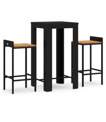 vidaXL 3 Piece Garden Bar Set Black Poly Rattan&Solid Wood Acacia