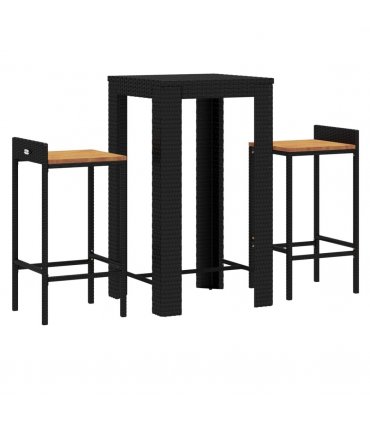 vidaXL 3 Piece Garden Bar Set Black Poly Rattan&Solid Wood Acacia