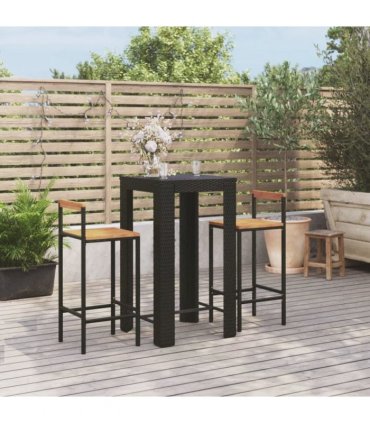 vidaXL 3 Piece Garden Bar Set Black Poly Rattan&Solid Wood Acacia — V0671965025