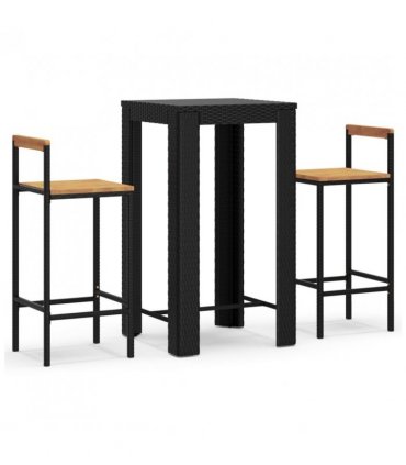 vidaXL 3 Piece Garden Bar Set Black Poly Rattan&Solid Wood Acacia — V0671965025