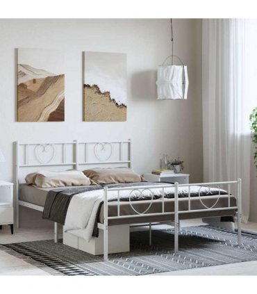 vidaXL Metal Bed Frame without Mattress with Footboard Whi — Size: 135 x 190 cm, Model: with headboard & footboard — V0671965428