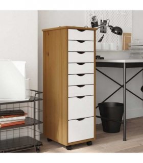 vidaXL Rolling Cabinet with Drawers MOSS Honey Brown Solid Wood Pine — Colour: honey brown and white, Size: 34 x 39 x 103 cm
