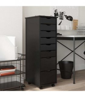 vidaXL Rolling Cabinet with Drawers MOSS Black Solid Wood Pine — Size: 34 x 39 x 103 cm