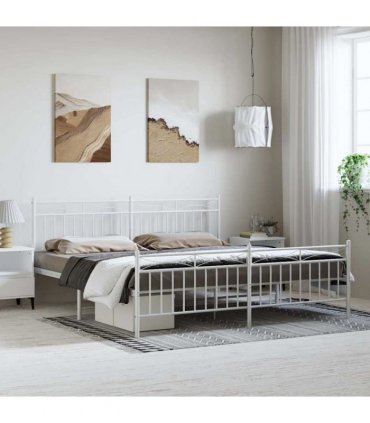 vidaXL Metal Bed Frame without Mattress with Footboard Whi — Size: 193 x 203 cm, Model: with headboard & footboard — V0671975276