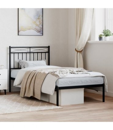 vidaXL Metal Bed Frame without Mattress with Headboard Black 90x190cm — Size: 90 x 190 cm — V0671975317