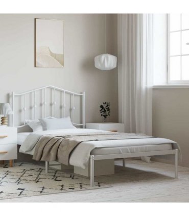 vidaXL Bed Frame | White | Powder-Coated Steel | Single | Bed Frame — Size: 100 x 200 cm, Model: with headboard