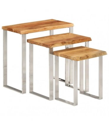 vidaXL Nesting Tables 3 pcs with Live Edge Solid Wood Acacia — Colour: brown and silver