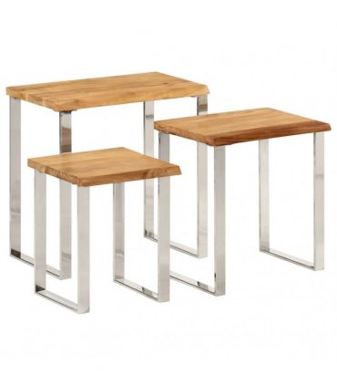 vidaXL Nesting Tables 3 pcs with Live Edge Solid Wood Acacia — Colour: brown and silver