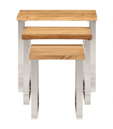 vidaXL Nesting Tables 3 pcs with Live Edge Solid Wood Acacia — Colour: brown and silver