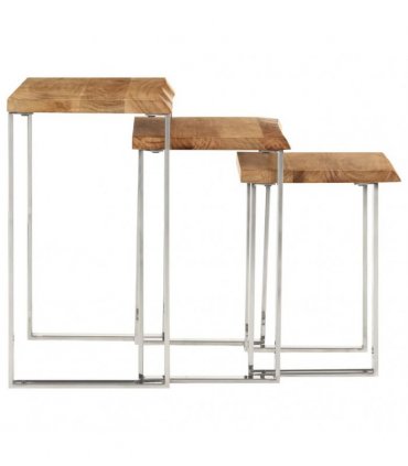 vidaXL Nesting Tables 3 pcs with Live Edge Solid Wood Acacia — Colour: brown and silver