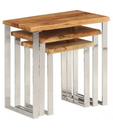 vidaXL Nesting Tables 3 pcs with Live Edge Solid Wood Acacia — Colour: brown and silver