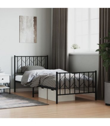 vidaXL Metal Bed Frame without Mattress with Footboard Blac — Size: 90 x 200 cm, Model: with headboard & footboard — V0671975705