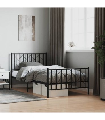 vidaXL Metal Bed Frame without Mattress with Footboard Bla — Size: 100 x 190 cm, Model: with headboard & footboard — V0671975715