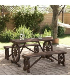 vidaXL Garden Dining Set | Burnt Wood | Solid Fir Wood | Medium | Durable — Colour: brown, Model: 2x bench + table