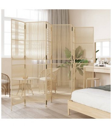 vidaXL Room Divider 6 Panels Beige Poly Rattan — Size: 294 x 200 cm, Model: line weaving