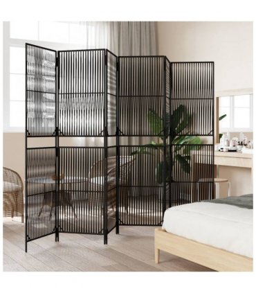 vidaXL Room Divider 6 Panels Black Poly Rattan — Size: 294 x 200 cm, Model: line weaving