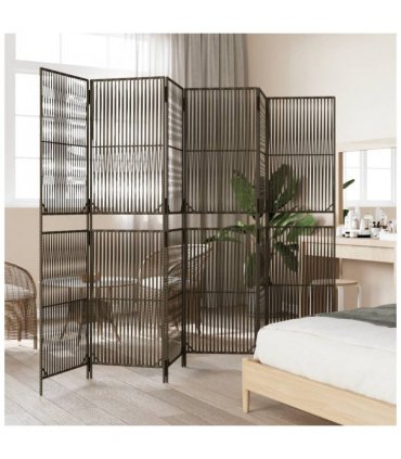 vidaXL Room Divider 6 Panels Grey Poly Rattan — Size: 294 x 200 cm, Model: line weaving