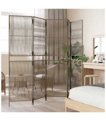 vidaXL Room Divider 5 Panels Grey Poly Rattan — Size: 245 x 200 cm, Model: line weaving
