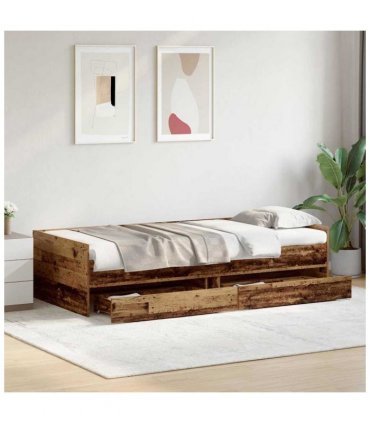 vidaXL Bed Frame with Drawer Old Wood 90 x 200 cm Solid Pine Wood