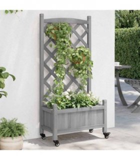 vidaXL Planter with Trellis and Wheels Grey Solid Wood Fir — Size: 55 x 29.5 x 117.5 cm, Model: with trellis & wheels