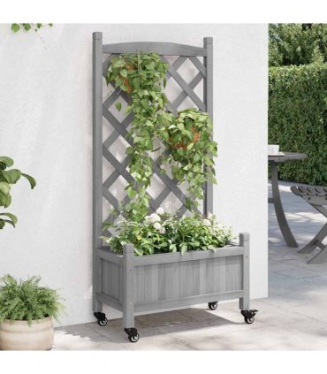 vidaXL Planter with Trellis and Wheels Grey Solid Wood Fir — Size: 55 x 29.5 x 117.5 cm, Model: with trellis & wheels