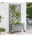 vidaXL Planter with Trellis and Wheels Grey Solid Wood Fir — Size: 55 x 29.5 x 117.5 cm, Model: with trellis & wheels