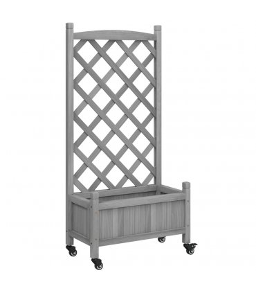 vidaXL Planter with Trellis and Wheels Grey Solid Wood Fir — Size: 55 x 29.5 x 117.5 cm, Model: with trellis & wheels
