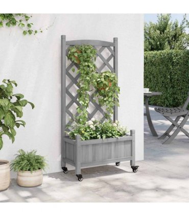 vidaXL Planter with Trellis and Wheels Grey Solid Wood Fir — Size: 55 x 29.5 x 117.5 cm, Model: with trellis & wheels