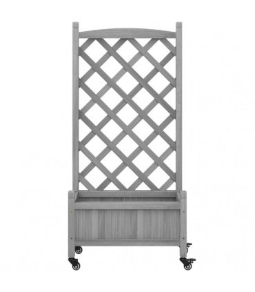 vidaXL Planter with Trellis and Wheels Grey Solid Wood Fir — Size: 55 x 29.5 x 117.5 cm, Model: with trellis & wheels