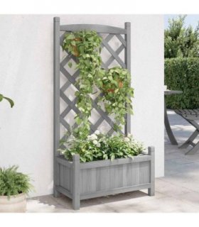 vidaXL Planter with Trellis Grey Solid Wood Fir — Size: 55 x 29.5 x 110 cm