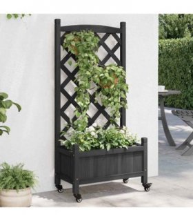 vidaXL Planter with Trellis and Wheels Black Solid Wood Fir — Size: 55 x 29.5 x 117.5 cm, Model: with trellis & wheels